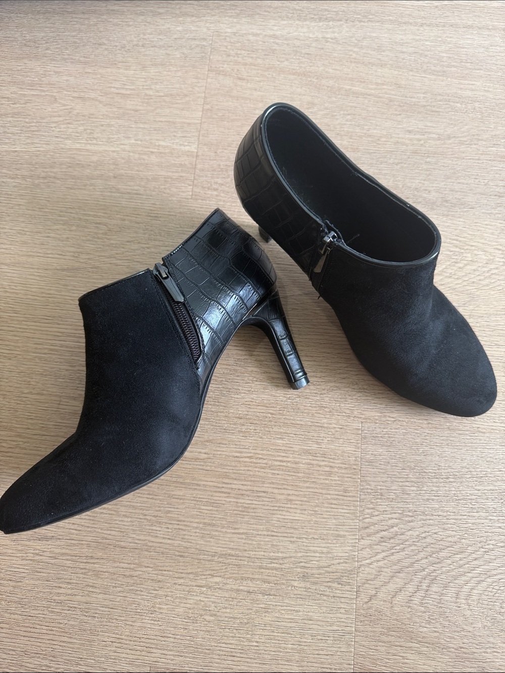 Xappeal Black Suede Pointed-Toe Ankle Booties with Croc-Pattern Heel